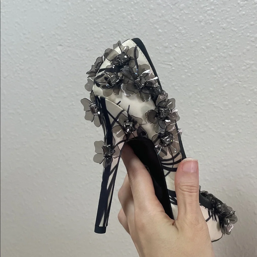 Tory Burch Clancy Black Open Toe Pump satin crystal embellished